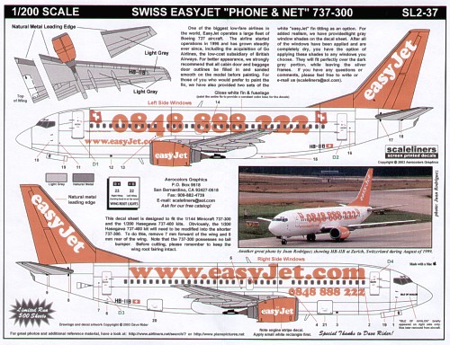 1/200 Boeing 737-300 easyJet HB-IIB Web site and Swiss Phone Number combo