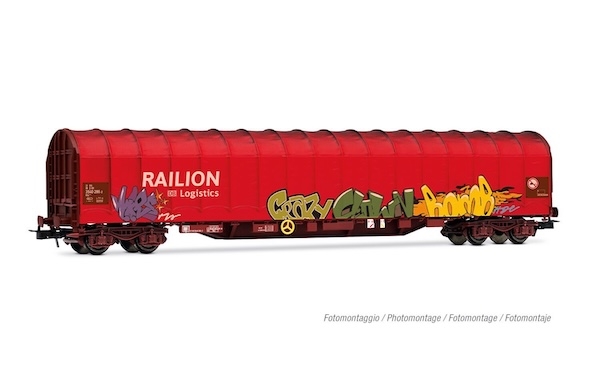 H0 4 achsiger Schiebplanwagen Rils Grau mit Graffiti 