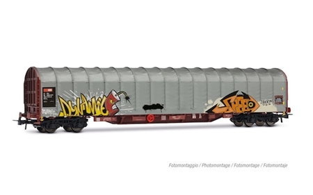 H0 4 achsiger Schiebplanwagen Rils Grau mit Graffiti 