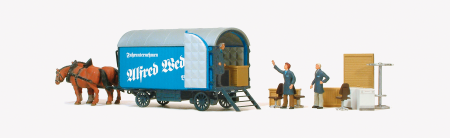 1:87  Möbelwagen Spedition, 2 stehende Pferde, Fig. und Zub.