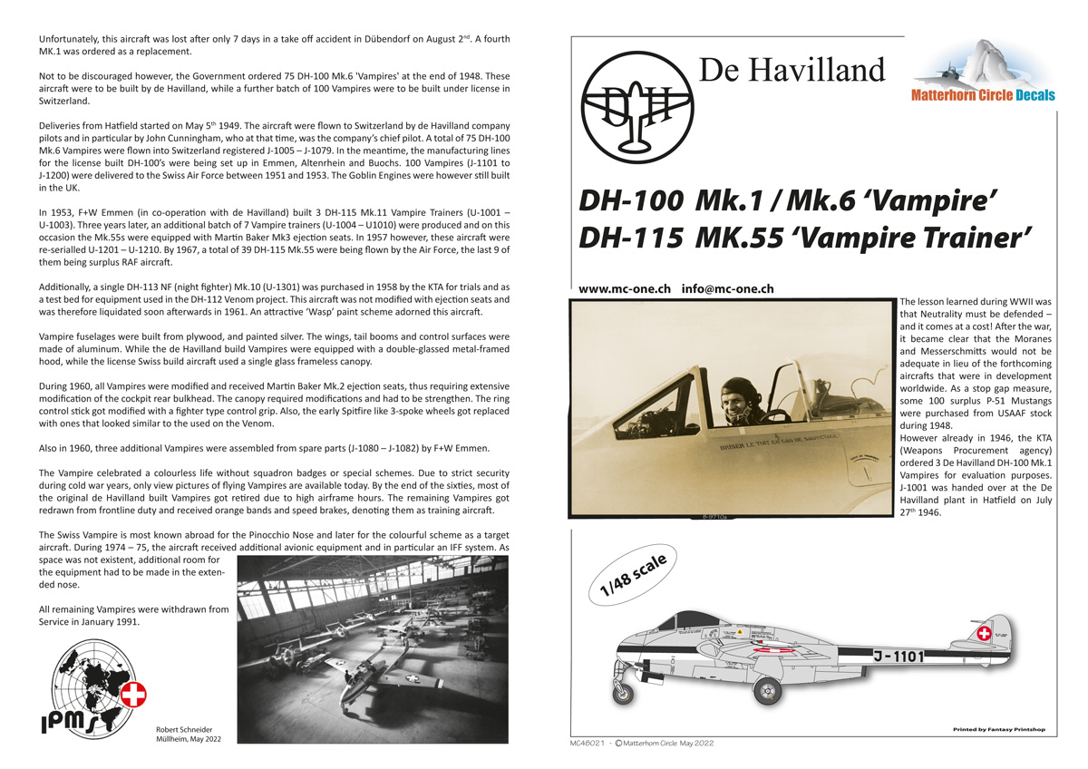 1/48 DH-100 Mk.1/MK.6 Vampire  Swiss Decal