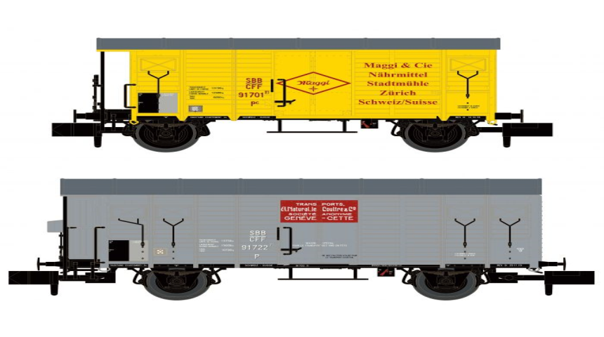 N SBB 2 gedeckte G&amp;#252;terwagen 1x K2 Maggi, 1x K3 Le Coultre, grau Ep. III