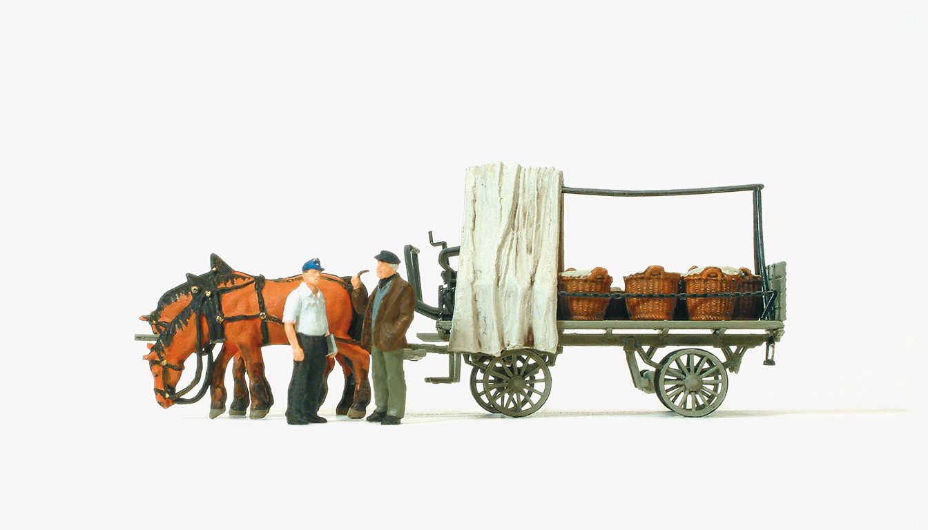 1:87  Rollwagen mit Gemüseladung, Pferde und Figuren
