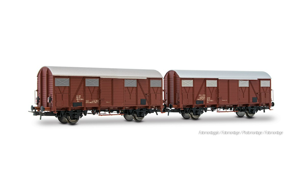 H0 FS 2-teiliges Set Ghs ged. Güterwagen mit kleinen Lüftern, braun und Schlusslicht, Ep. IV